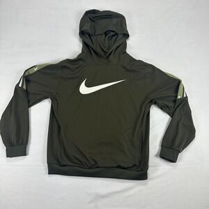 Nike Kids‎ XL Olive Green Lightweight Hoodie Sweatshirt White Swoosh Striped